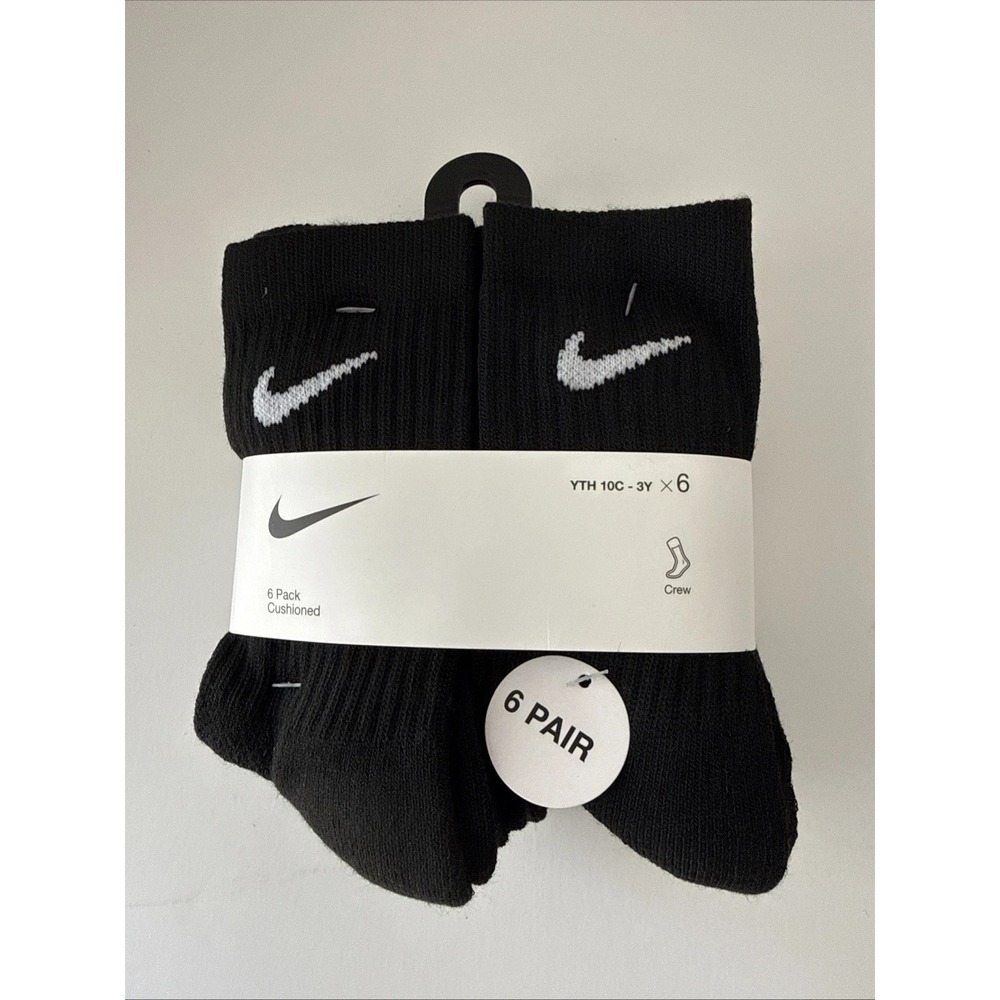 Nike Boys Cushioned Crew Socks 6 Pair Black Youth Size 10C-3Y School Kids XS